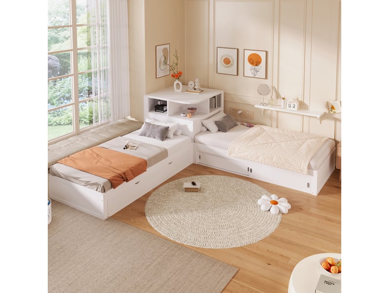  Lit plateforme en l 90x200 cm, lit gigogne intégré, rangement porte coulissante, rangements led, mdf pin blanc sans matelas  - Conforama E