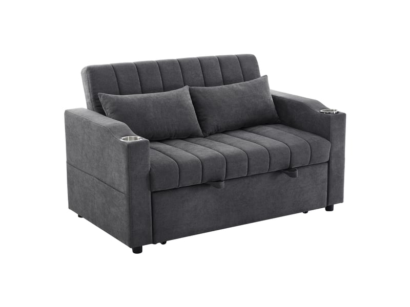  Canapé convertible 2 places avec dossier réglable, porte-gobelets et 2 coussins, canapé-lit multifonction avec fonction couchage - gris  - Conforama A