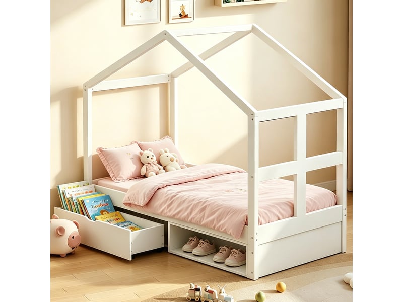 Lit simple enfant 90 x 190 cm avec tiroirs et petit meuble à chaussures, éclairage led et sommier à lattes, toit en forme de maison, bois, blanc Morn Vibe - Conforama C