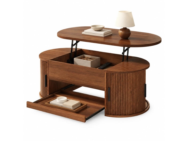 Table basse relevable avec rangements cachés, portes coulissantes latérales et tablette en mdf noyer pour salon - Conforama A