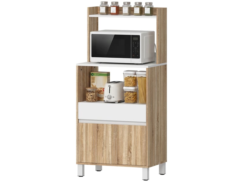  Meuble micro-ondes, buffet de cuisine avec tiroir, 2 portes à fermeture amortie, plan de travail et étagères ouvertes, chêne  - Conforama B