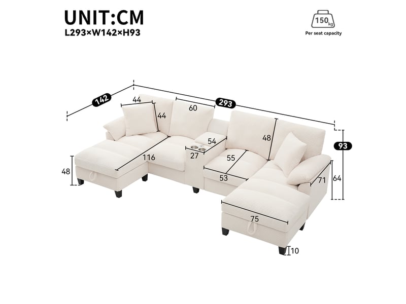  Canapé modulable 4 places en u 293 x 142 x 93 cm, avec rangement, 2 ports usb, porte-gobelets, coussins, velours côtelé, beige  - Conforama D