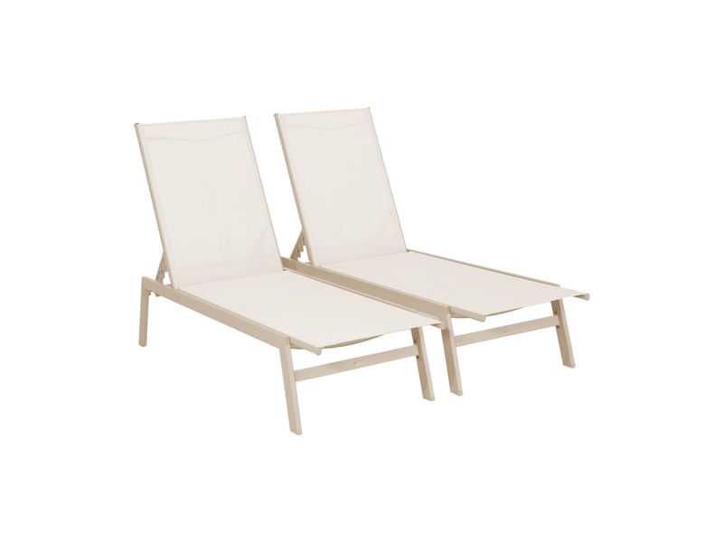 Lot de 2 transats beige. 5 positions. En textilène et métal. Flora.  l155 x p59 x h106cm  - Conforama B