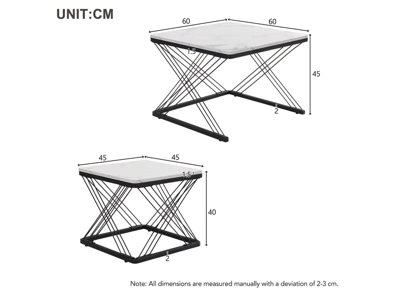  Ensemble élégant de 2 tables basses carrées (60 x 60 x 45 cm et 45 x 45 x 40 cm), finition marbre brillant, pieds réglables en hauteur, charge maximale de 30 kg.  - Conforama C