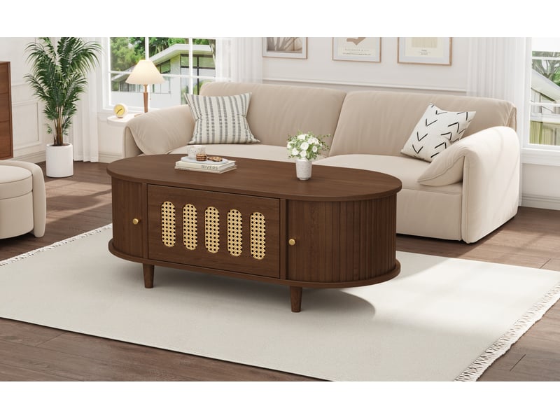  Table basse 100x50x40 cm avec tiroir et 2 portes à rideau en mdf, finition noyer  - Conforama E
