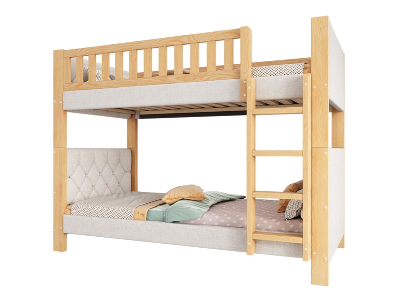 Lit superposé enfant 90×200 cm avec barrière, escalier 4 marches et bords antichoc - sans matelas, bois gris - Conforama A
