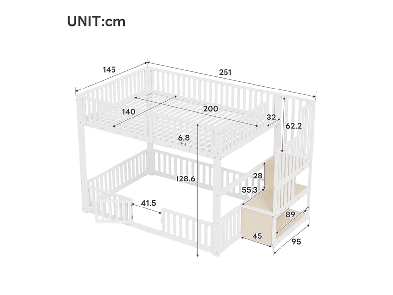  Lit superposé 140 x 200 cm, lit enfant à deux couchages, éclairage led, échelle, barrières de sécurité, sommier à lattes inclus, métal, blanc Morn Vibe - Conforama C