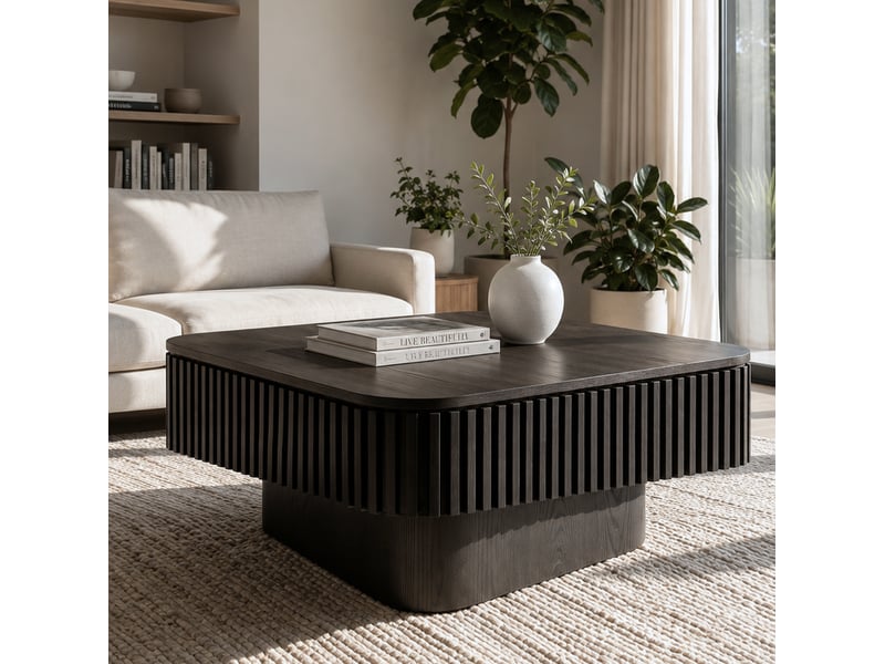  Table basse carrée avec plateau amovible et rangement caché, finition laquée noire, en mdf plaqué de bois, 75 × 75 × 35 cm  - Conforama C