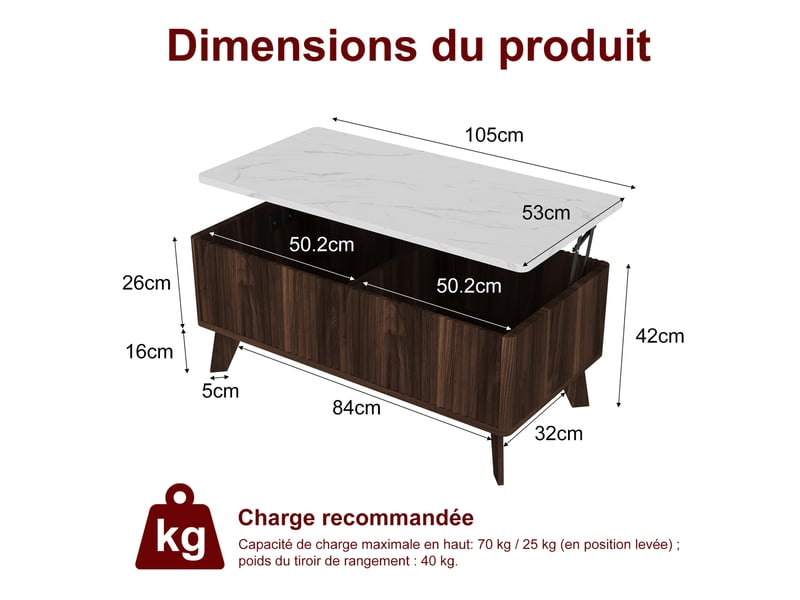 Table basse en bois réglable en hauteur avec espace de rangement - style scandinave - idéale pour le salon - couleur noyer - Conforama R