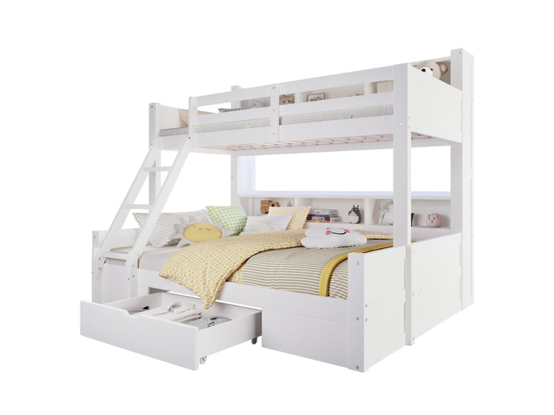  Lit superposé enfant 90x200 cm et 140x200 cm blanc avec led et rangement  - Conforama A