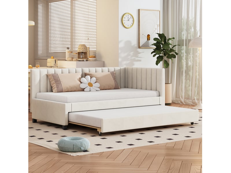  Lit banquette 90x200 cm avec lit gigogne et sommier à lattes, velours beige  - Conforama C