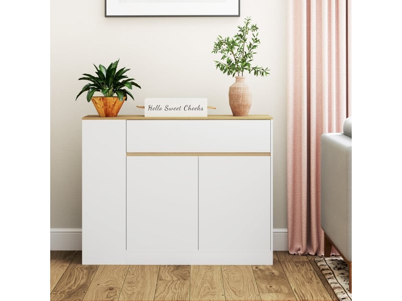  Buffet blanc 105x30x81,5 cm – tiroir, étagère réglable, système anti-basculement – meuble bas contemporain  - Conforama B