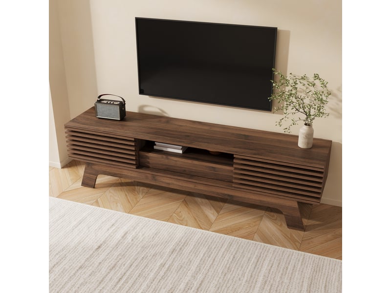 Meuble tv 150 cm noyer, portes à lamelles, 1 tiroir, 1 niche, passe-câbles - Conforama D