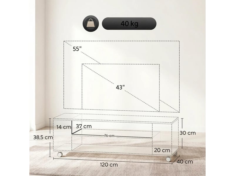  Meuble tv à roulettes ou mural avec rangements blanc et naturel 120 x 40 x 38.5 cm T5828P553678 - Conforama C