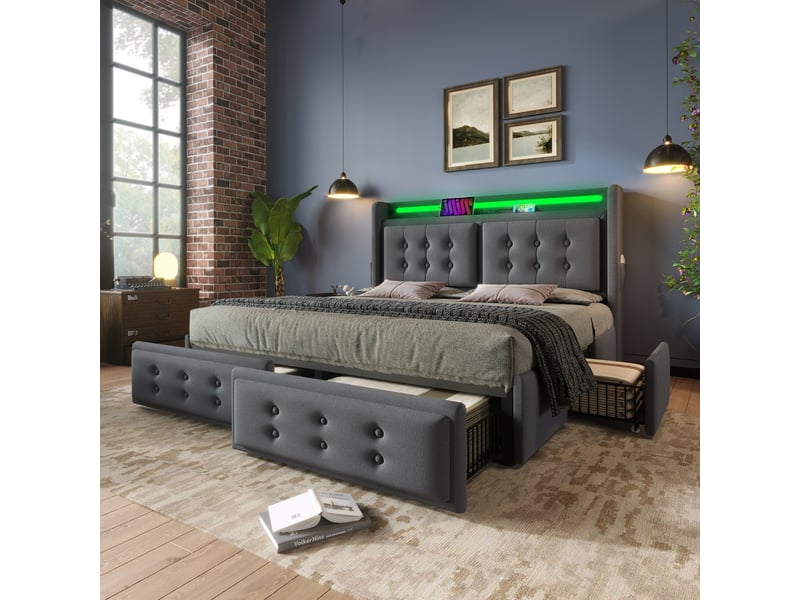  Lit double 140x200 cm tissu gris – matelas inclus, tête led usb-c, 4 tiroirs et sommier boismétal, 300 kg  - Conforama B