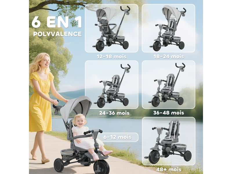  Tricycle bébé évolutif 6 en 1, tricycle enfant pliable avec poignée parentale réglable, siège pivotant 360°, gris  - Conforama D