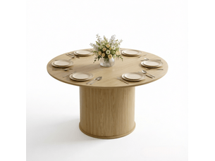 Table de salle à manger ronde pour 4 à 6 personnes avec pied central cannelé, décor bois naturel, ø 120 × 75 cm