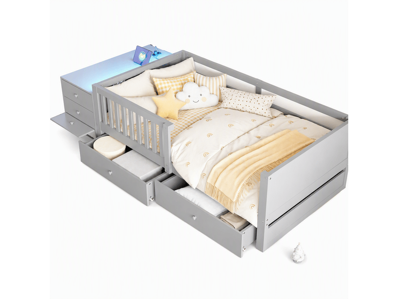  Lit enfant en bois 90x200 cm avec bureau et rangement séparé, prise intégrée, led, 2 tiroirs, étagères, garde-corps, métal, contreplaqué et mdf, gris  - Conforama A