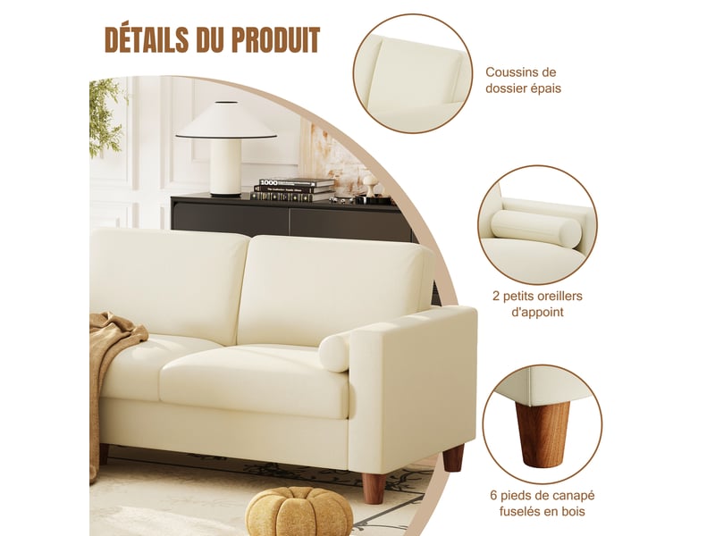 Canapé 3 places en cuir pu, 234 cm avec repose-pieds et 2 coussins, capacité 365kg, pieds bois massif 234x87x88 - Conforama E