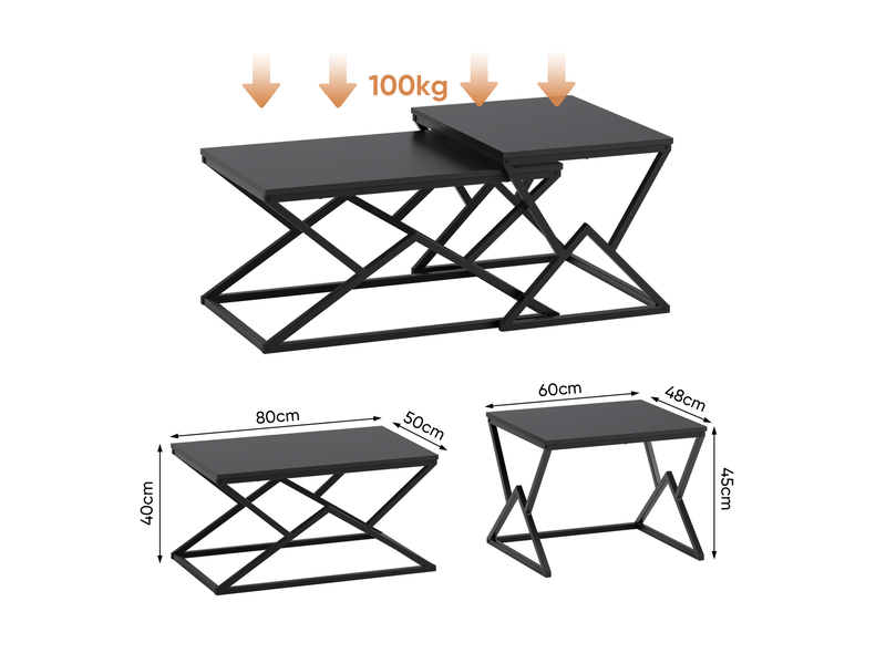  Tables basses gigognes 80x50x40 cm noires en métal et panneau de particules  - Conforama C