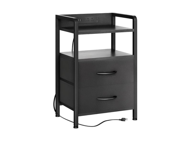  Table d'appoint moderne 3 niveaux, 2 tiroirs tissu, étagère ouverte, structure bois métal, pour chambre, salon ou entrée,noire PPG_34FQ45E4 - Conforama A