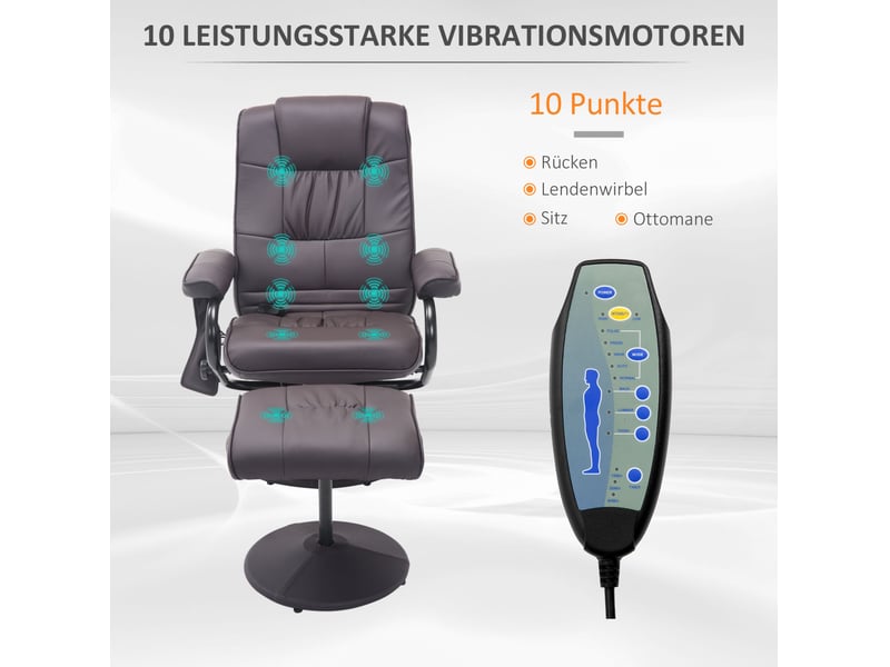  Fauteuil relax massant pivotant avec repose-pieds, télécommande et dossier inclinable en similicuir marron  - Conforama D
