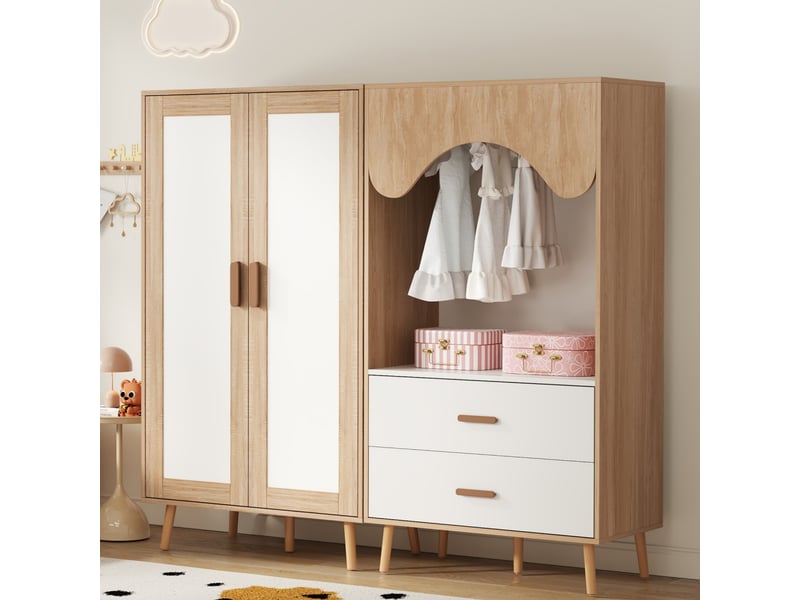 Armoire enfant 80 x 46 x 141,5 cm avec 2 portes, module ouvert, penderie et tiroirs, ensemble de rangement compact pour chambre d’enfant - blanc et effet bois OPULERANE TRADING LTD - Conforama E