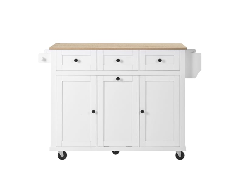  Îlot de cuisine mobile extensible 112x46,2-76,2x92,7cm compartiment poubelle roulettes tiroirs portes mdf, blanc+nature  - Conforama A