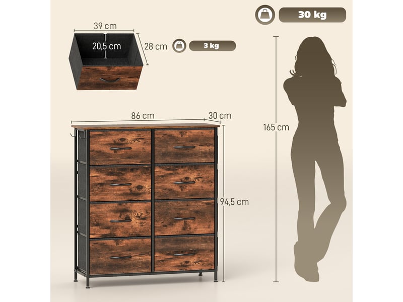  Commode 8 tiroirs en tissu, meuble de rangement, 4 poches, 2 crochets, structure en acier, 86x30x94,5cm, brun rustique  - Conforama C
