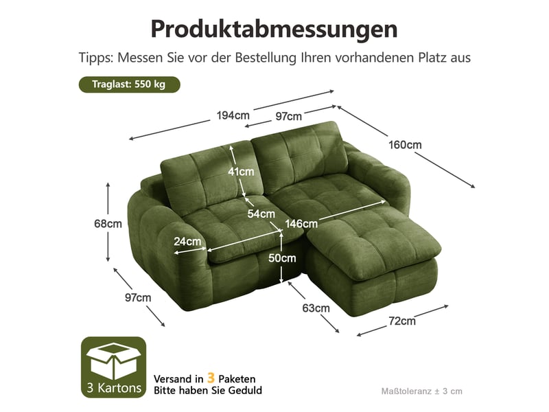 Canapé d'angle en l 2 places sans cadre, conception modulaire, base antidérapante, housse chenille verte, sans montage, 1 pouf - Conforama C