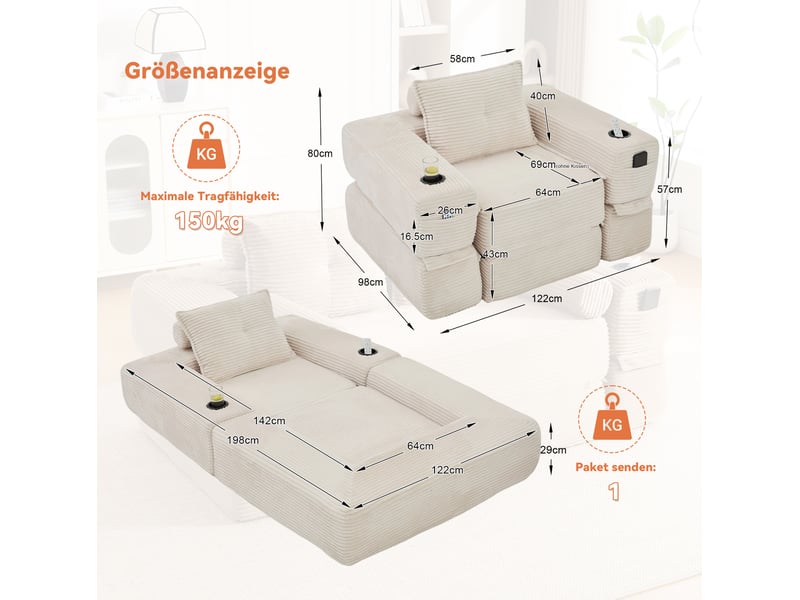 Canapé droit convertible 1 place en velours côtelé beige, avec poche latérale et porte-gobelet intégré - Conforama C