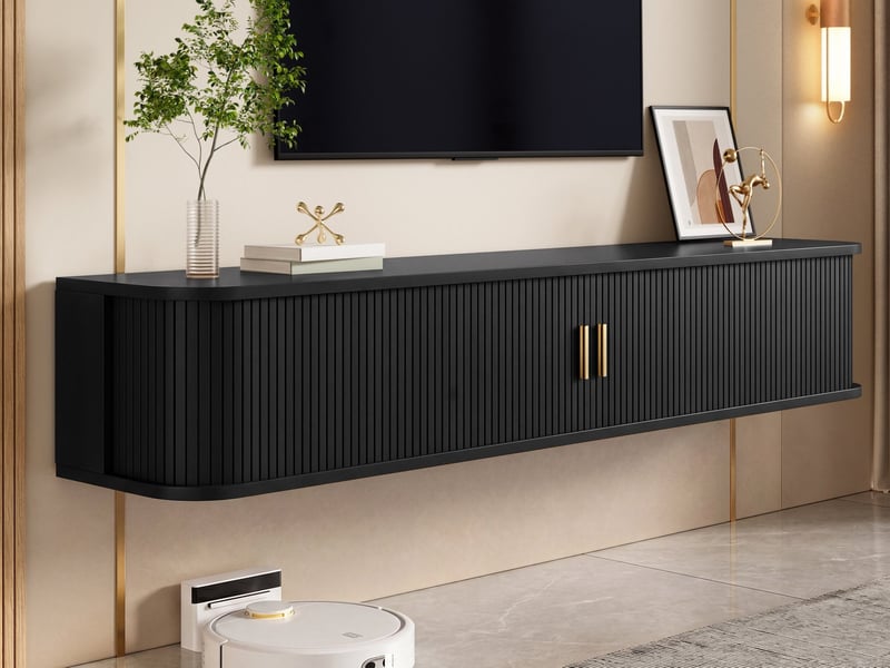  Meuble tv mural, 175 x 30 x 30 cm, design à cannelures verticales, éclairage led en partie basse contrôlable via application, noir  - Conforama B