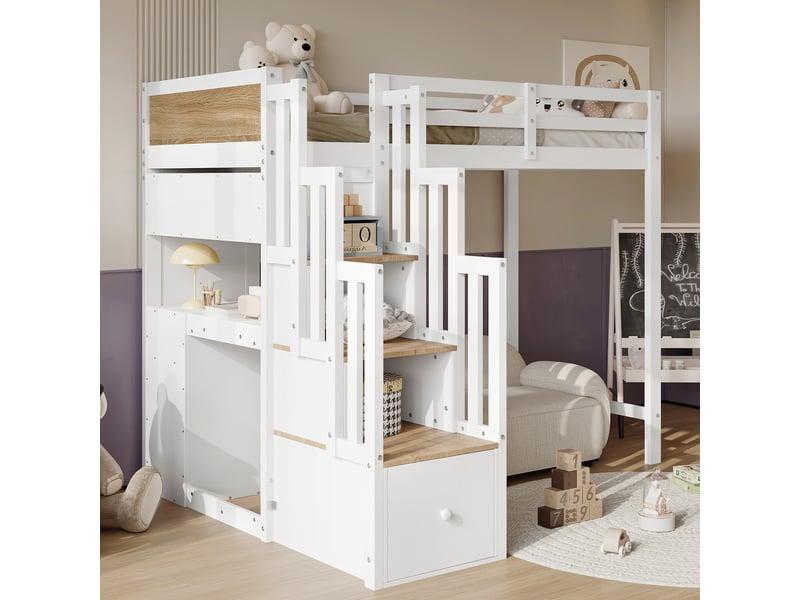  Lit mezzanine enfant 90x200 cm avec bureau, escalier rangement, tiroirs et étagères ouvertes - blanc naturel (sans matelas)  - Conforama D
