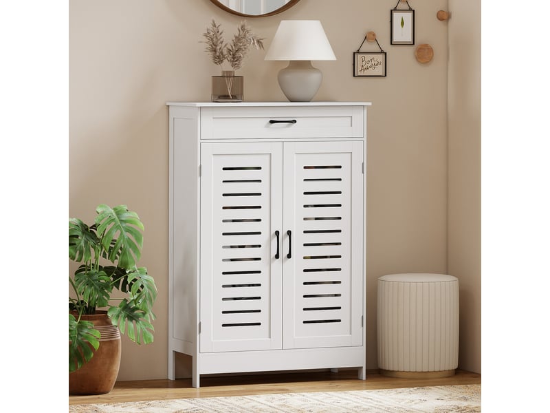 Meuble à chaussures avec portes en filet, tiroir et étagères réglables pour 20 paires de chaussures, 78 x 37 x 115,8 cm, blanc - Conforama C