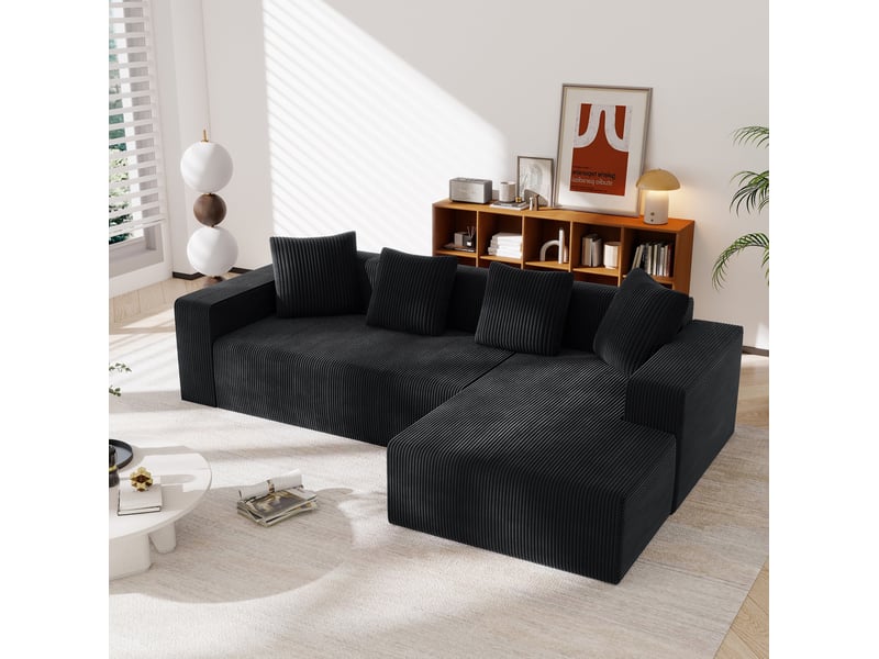  Canapé d'angle modenvie 3 places modulaire avec chaise longue à droite en velours côtelé noir 261 x 146 cm  - Conforama B