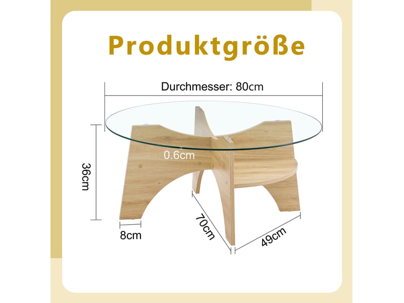  Table basse ronde 80x80x36 cm en verre trempé et mdf effet bois naturel  - Conforama C