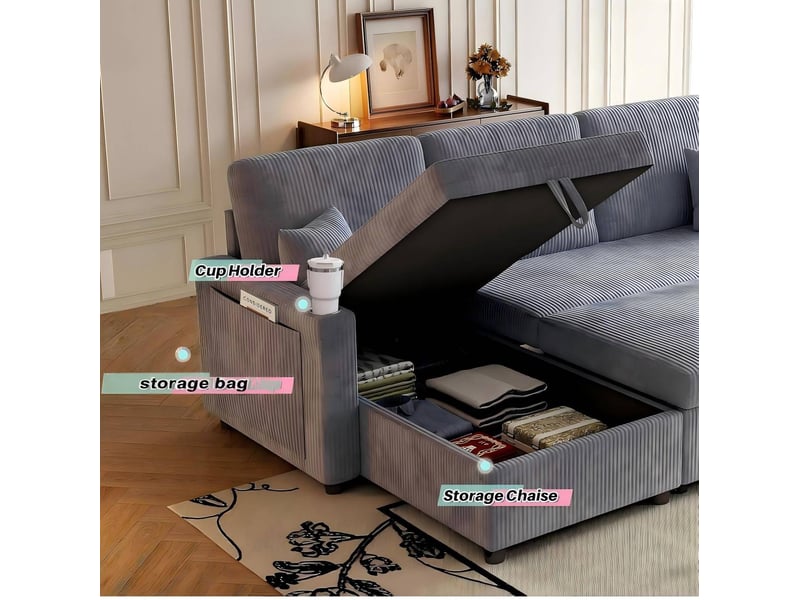  Canapé d’angle convertible 3 places en velours côtelé gris avec rangement, ports usb et type-c, table d’appoint  - Conforama D