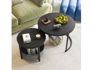Table basse gigogne ronde 2 pièces 70 cm – noir antique – style industriel avec rangement en tissu