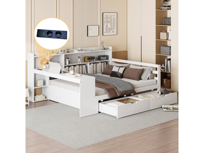 Lit multifonction 140x200 cm avec bureau, rangements et prise, pin blanc, sans matelas - Conforama D