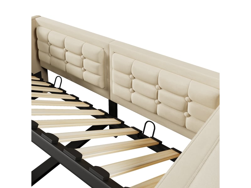  Lit banquette 1 place en velours avec coffre hydraulique, usb et type-c, couchage 200x90 cm, sans matelas, beige  - Conforama E