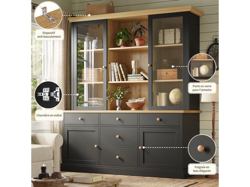 Buffet haut de cuisine 140 x 40 x 185 cm noir avec portes vitrées, 5 tiroirs, niches ouvertes et étagères réglables, meuble cuisine anti-basculement - Conforama E