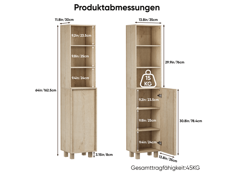 Meuble salle de bain chêne 162,5 cm, armoire lave-linge avec portes et étagères ouvertes - Conforama C
