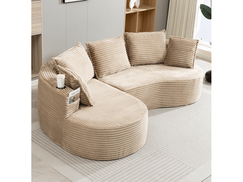  Canapé incurvé fixe 3 places en velours côtelé kaki avec porte-gobelets et poches latérales, 250 cm  - Conforama E