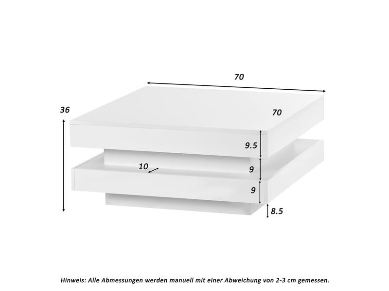  Table basse carrée 70x70x36 cm led bluetooth contrôlable, design futuriste, panneau de particules laqué, blanc  - Conforama C