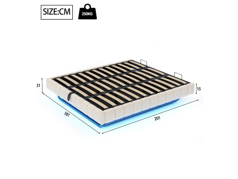  Lit coffre 180x200 cm - led multicolore - lit 2 personnes sans tête de lit - cadre flottant avec rangement hydraulique - beige  - Conforama C