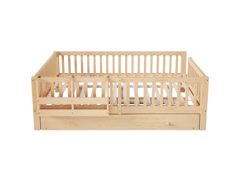  Lit enfant 140x200cm, avec lit gigogne90x190cm, petite échelle, panier de rangement, barrière, bois + mdf, couleur bois  - Conforama E