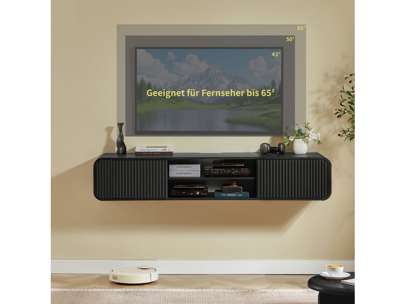  Meuble tv mural 160 cm noir avec rangements ouverts et passe-câbles intégré  - Conforama D