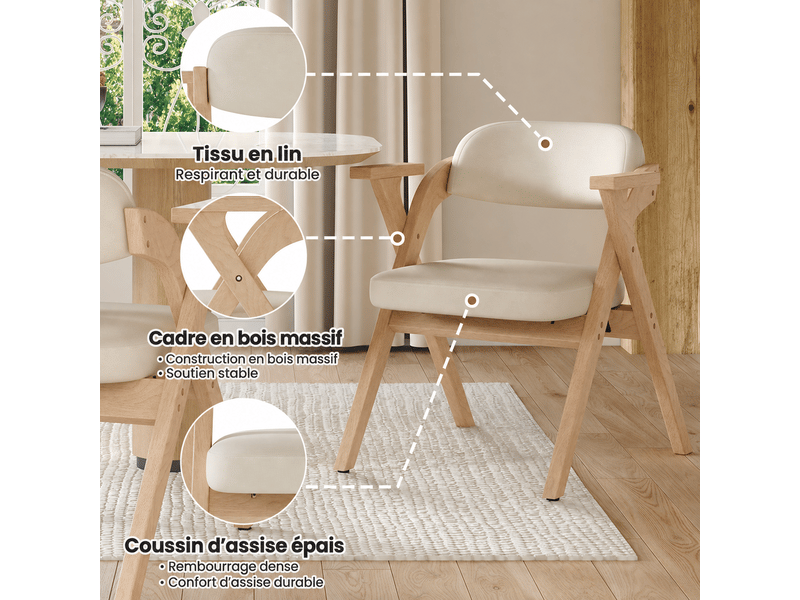 Lot de 2 chaises de salle à manger pliantes en bois massif et lin beige, avec accoudoirs, style naturel, salon ou café  - Conforama D