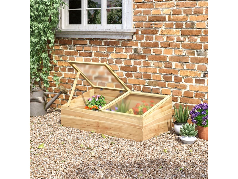  Mini serre de jardin serre pour semis dim. 100l x 50l x 36h cm toit 2 pans ouvrables séparemment panneaux de polycarbonate bois sapin pré-huilé  - Conforama D