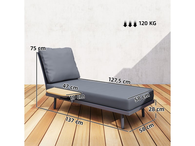  Chaise longue de jardin avec coussins lavables en oléfine et étagère latérale, cadre en métal, 58x137x75cm, gris  - Conforama D